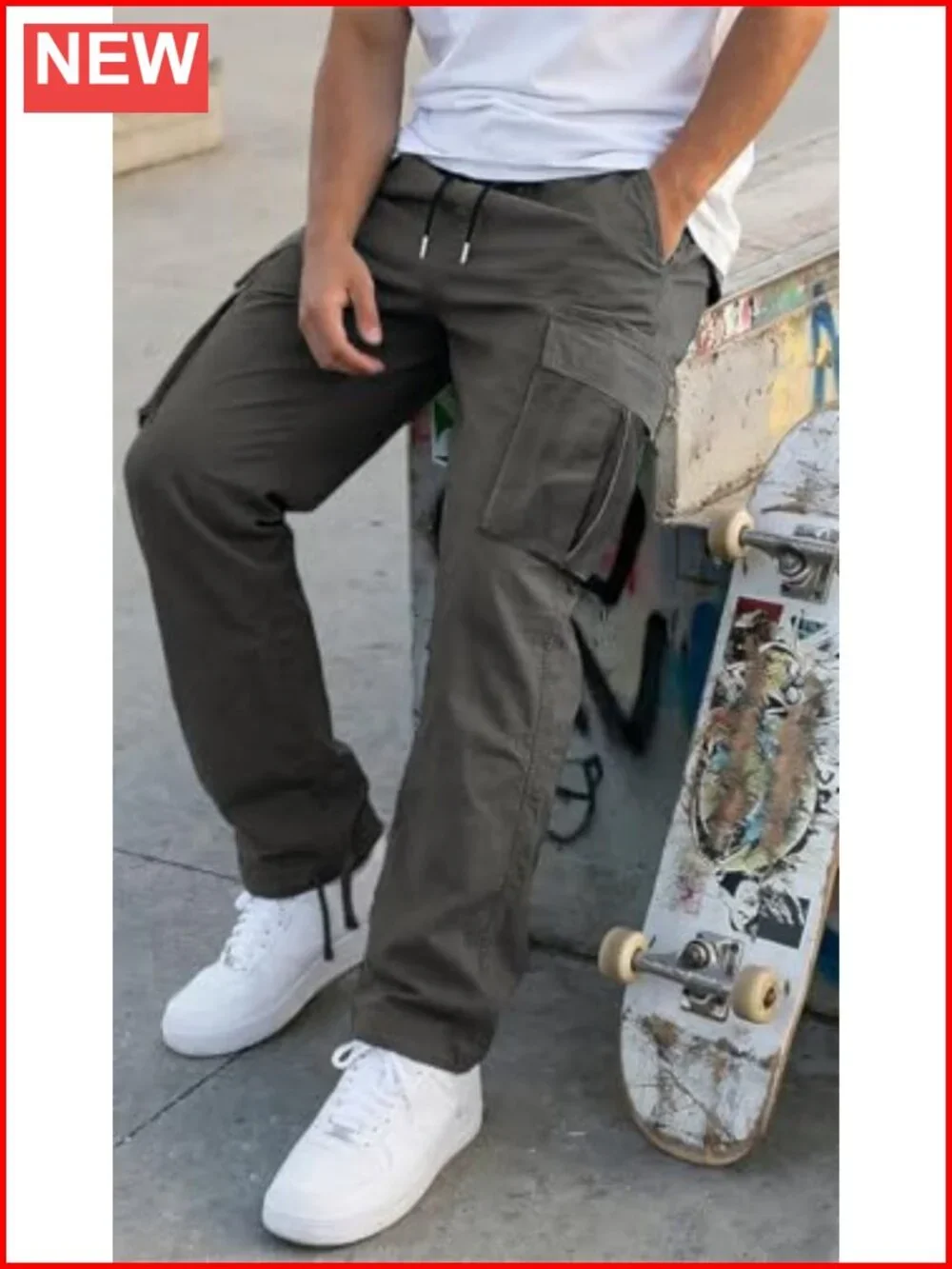 Cargo Pants Drawstring Casual Hiking Joggers Athletic Trousers Cotton Loose